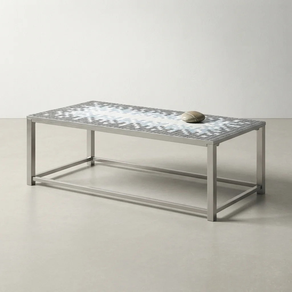 Brown rectangular coffee table with terracotta tile top for modern living room