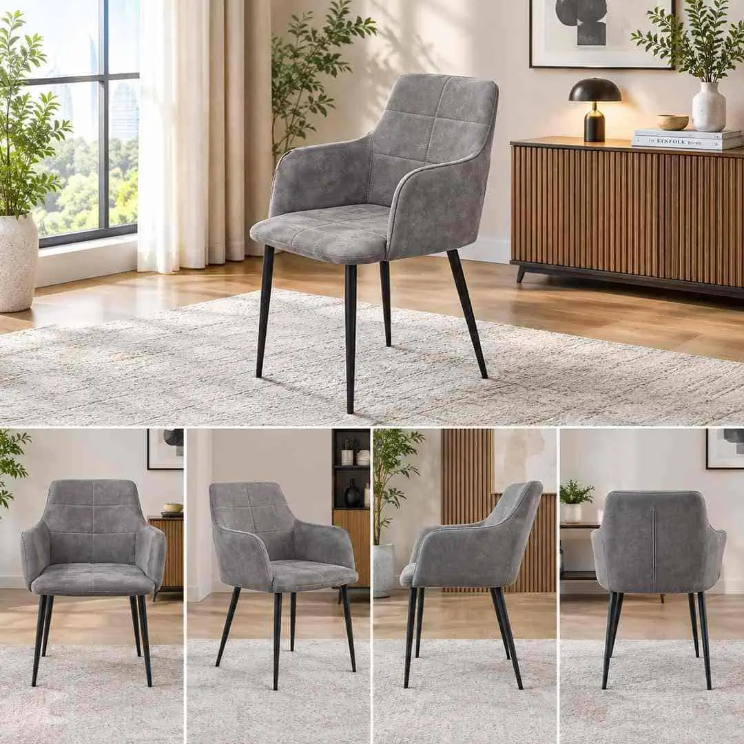 7-Piece Modern Dining Set displayed with grey wood-grain tones and white cushioned upholstered seat details