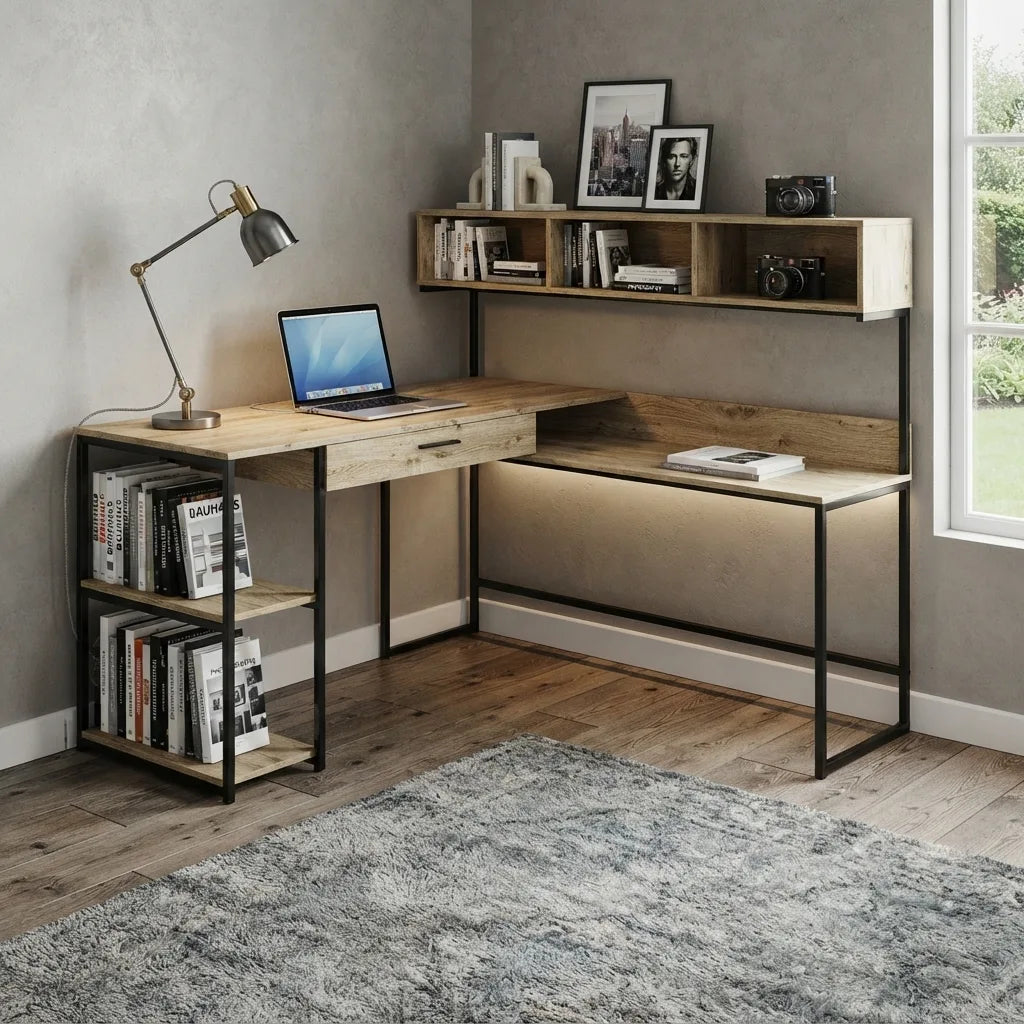 Modern L-shape office desk with hutch, shelves, and storage drawer