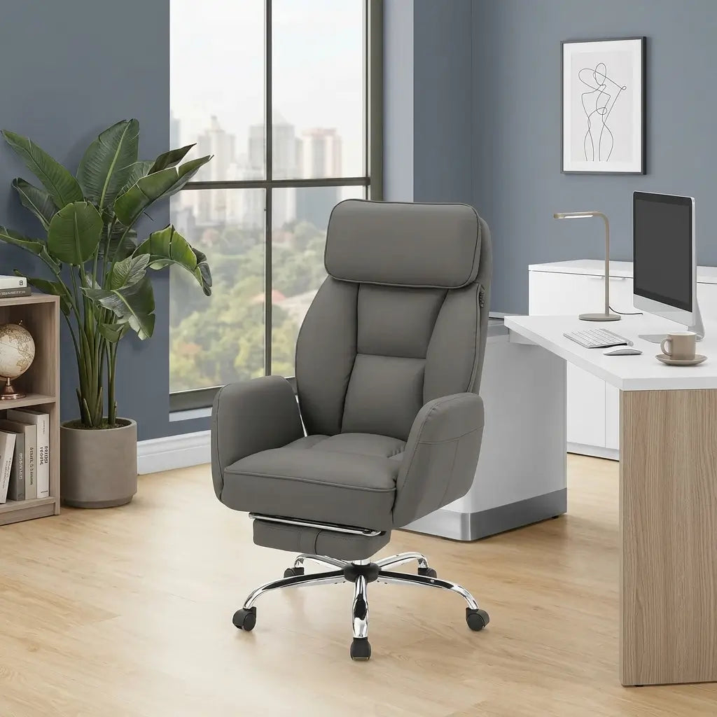Black and grey leather-look high back office chair with chrome accents, adjustable headrest, armrests and flip-open footrest