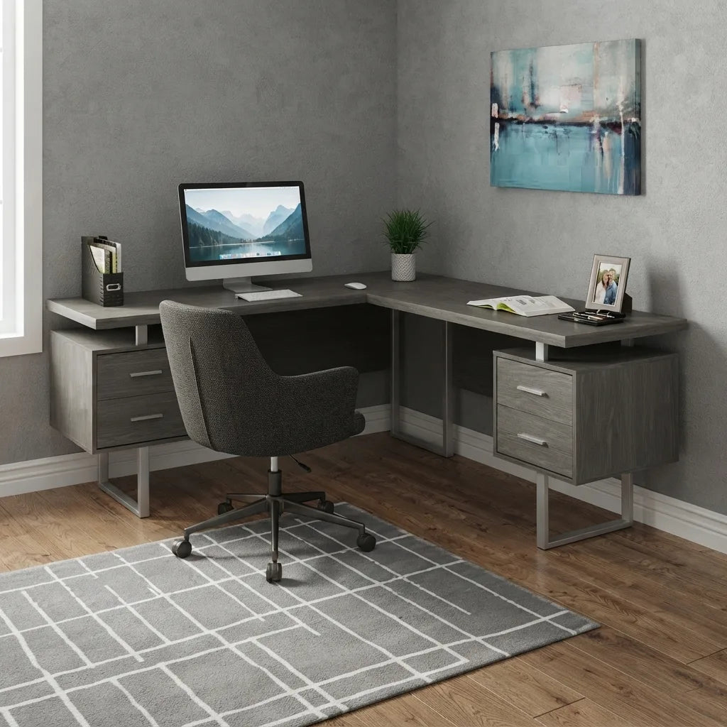Modern black L shaped computer desk with floating desktop and drawers