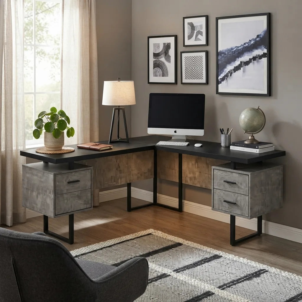 Extra large L shaped executive computer desk corner setup with floating desktop