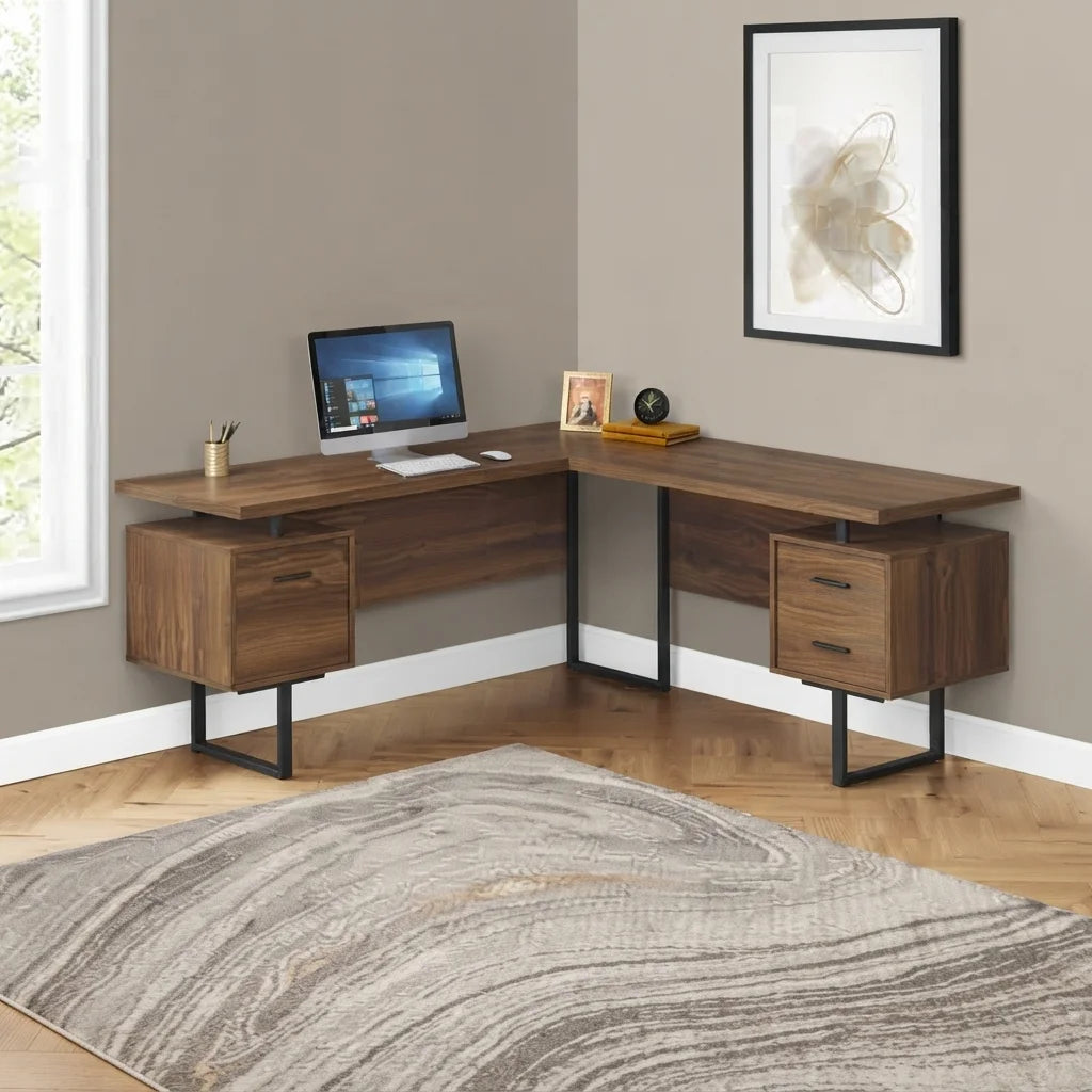 Warm walnut wood look L shaped computer desk with file storage