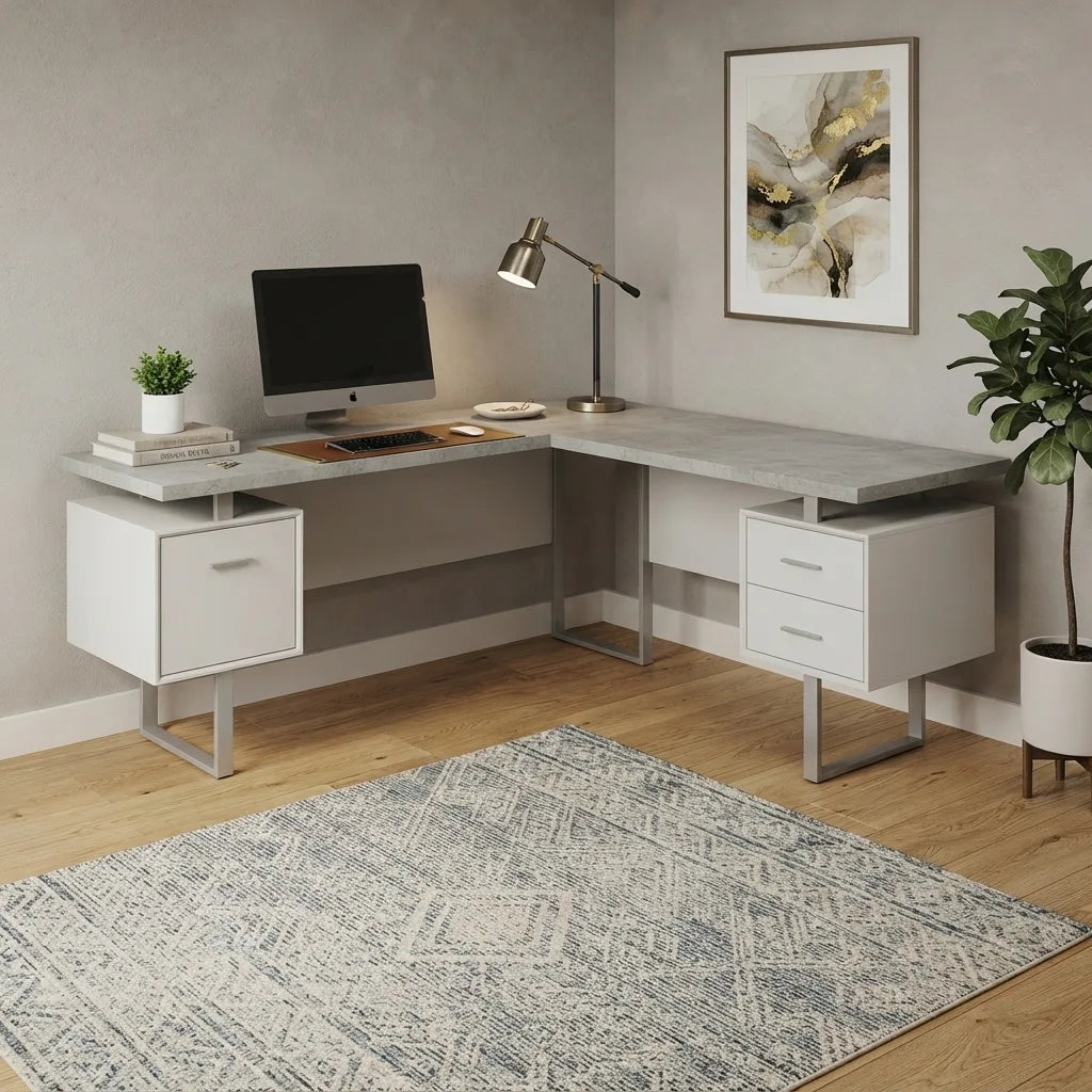 File drawer and storage cabinet module on L shaped computer desk