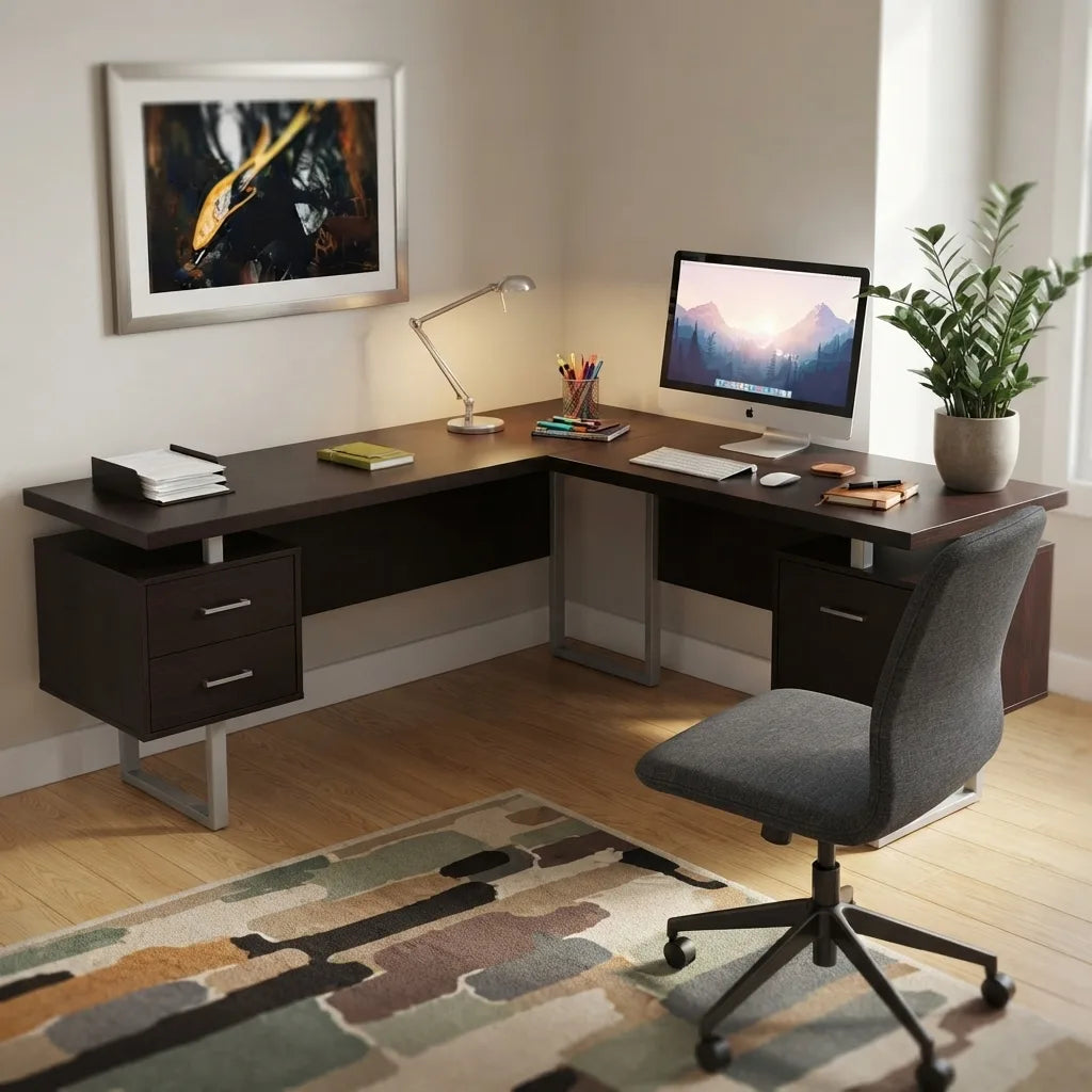 Reversible L shaped desk floating desktop with drawer shelf top