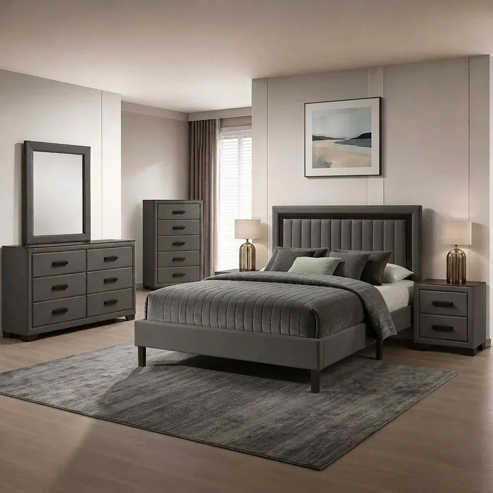 Grey vertical channel tufted upholstered platform bed IF-180 bedroom set in modern room setting