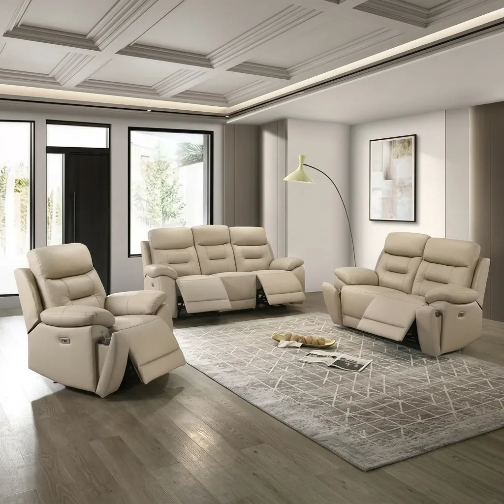 3 piece cream beige genuine leather power recliner set