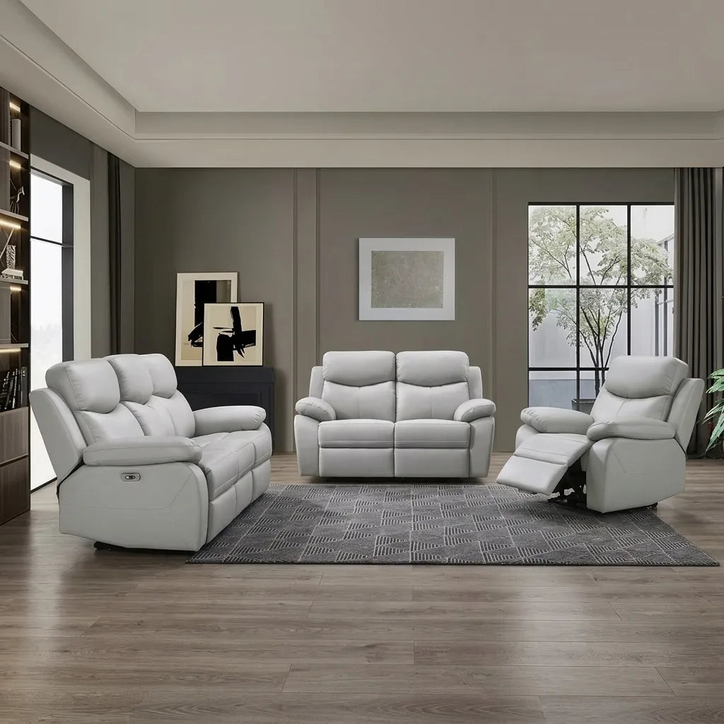 3 piece light grey genuine leather power recliner set