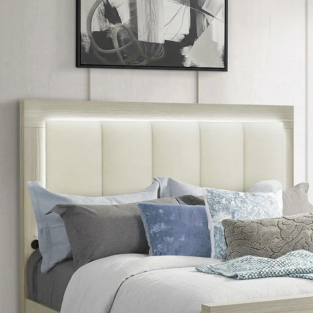 Natural white light oak 8-drawer storage bed with LED illuminated headboard in full MI-EMM bedroom set