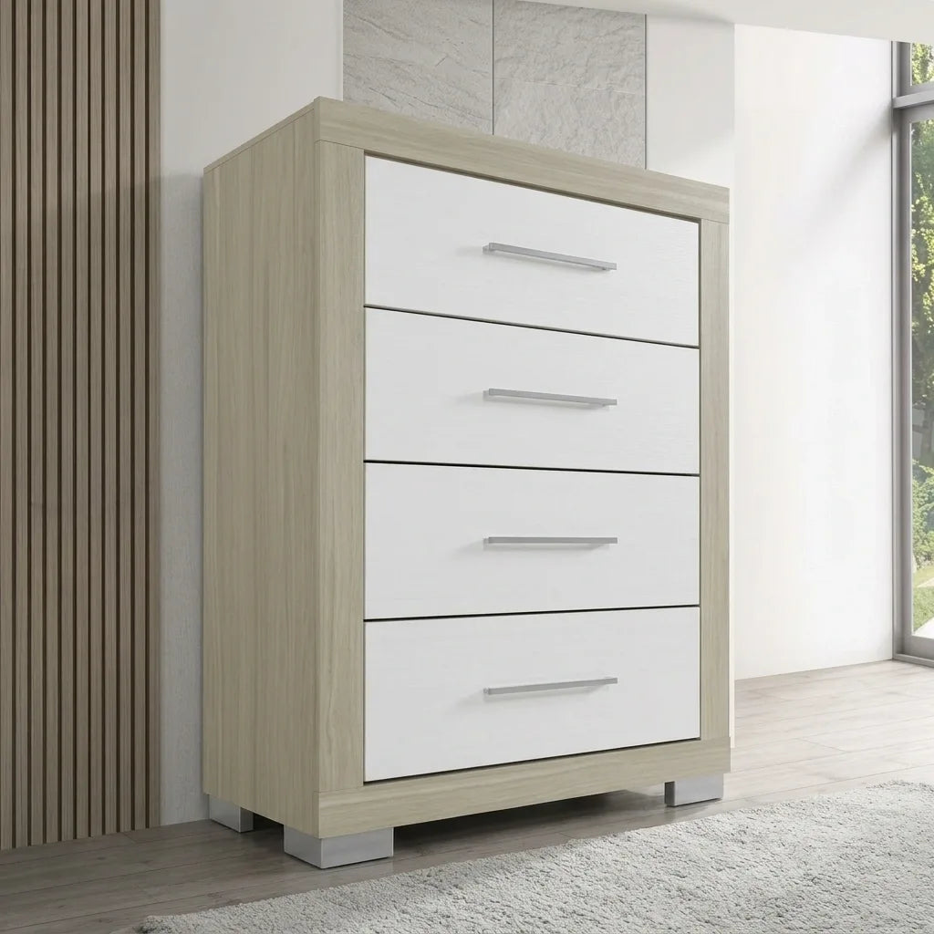 Light oak 4-drawer vertical chest with white drawer faces, metal bar handles, and silver square feet