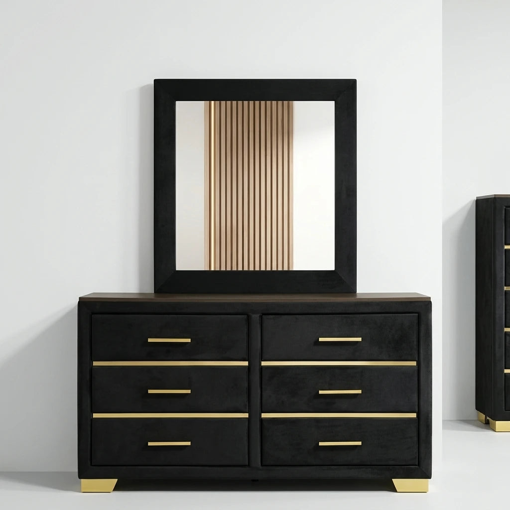 Black velvet 6-drawer double dresser with gold hardware and rectangular mirror
