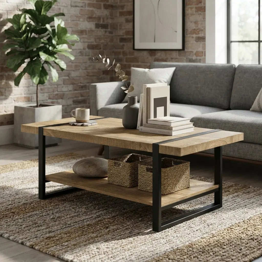 48 inch black industrial farmhouse coffee table with black metal frame in modern living room
