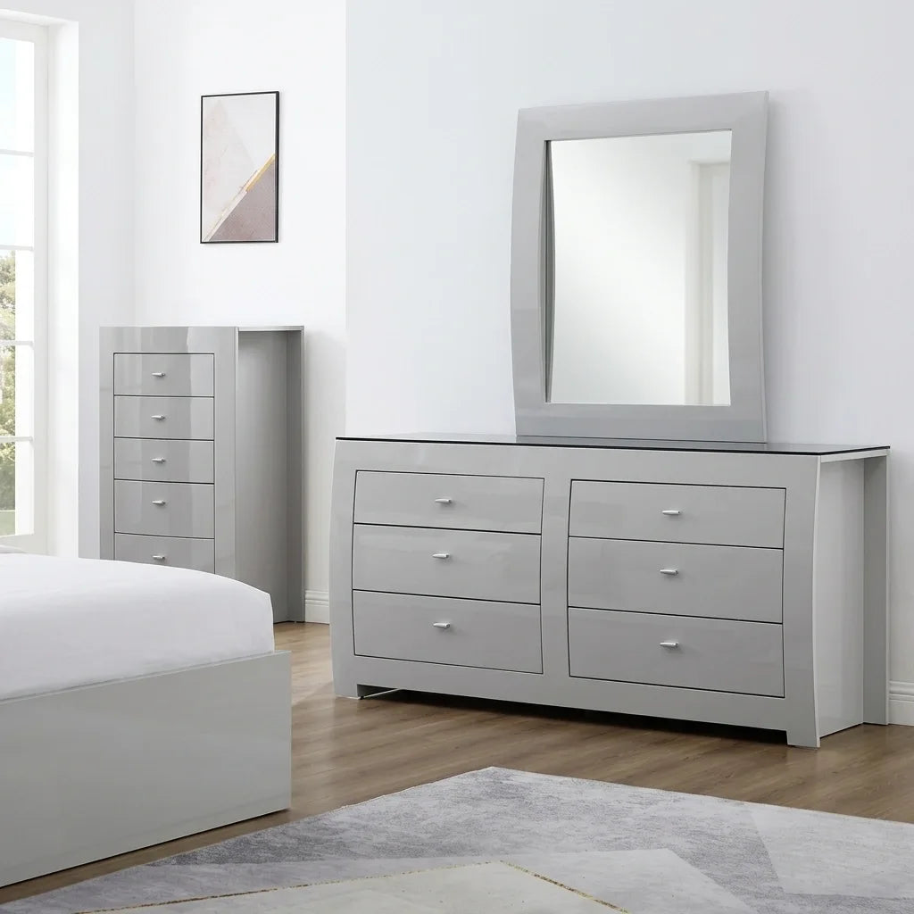 Modern high-gloss dove grey 2-drawer nightstand with dark glass top next to platform bed frame