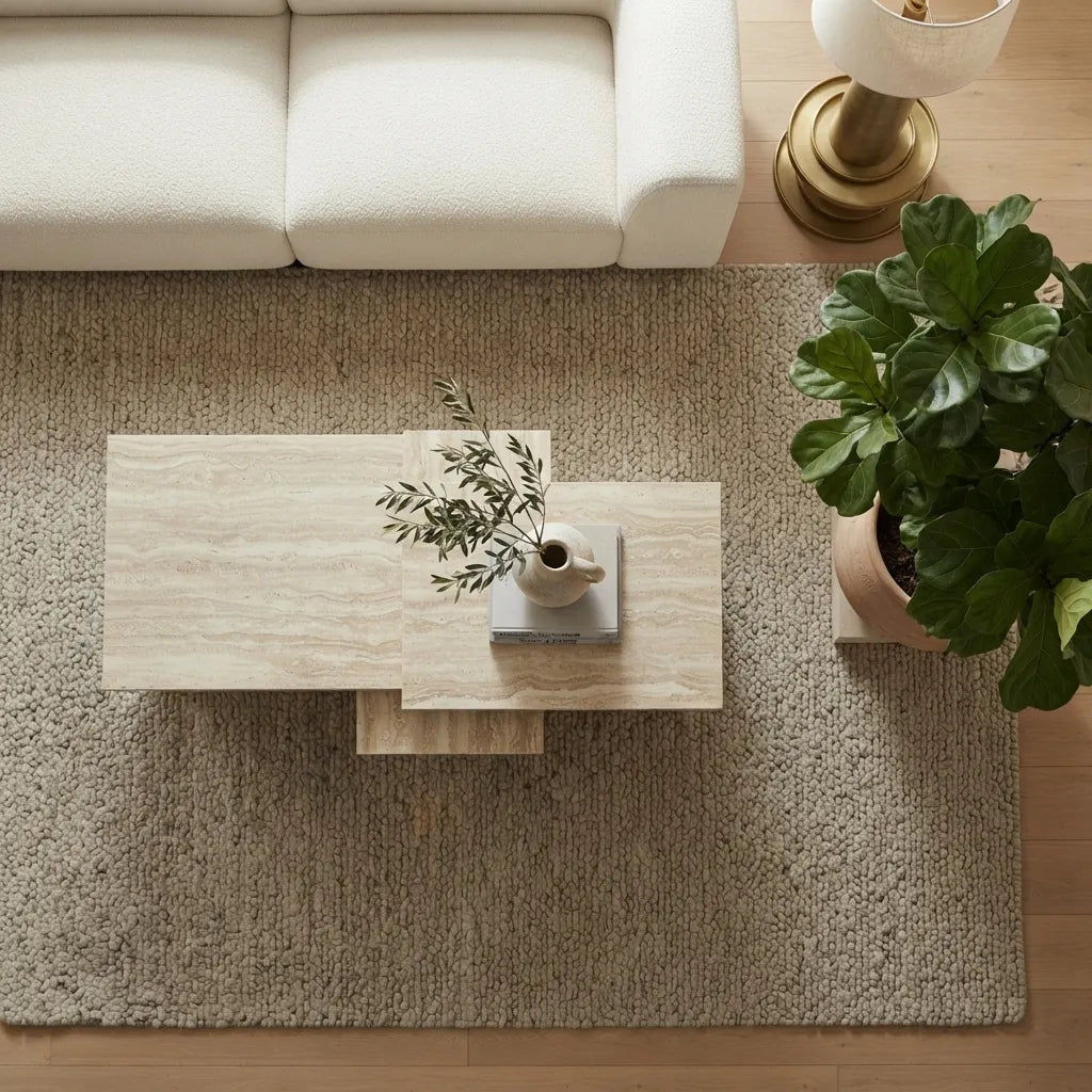 Modern rectangular travertine stone look coffee table with spacious lower display shelf