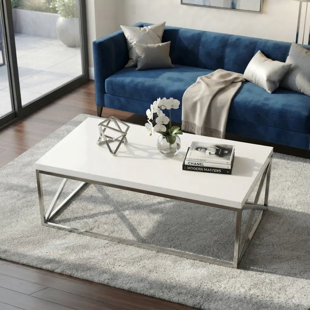 Thick panel glossy white tabletop surface coffee table in contemporary living room