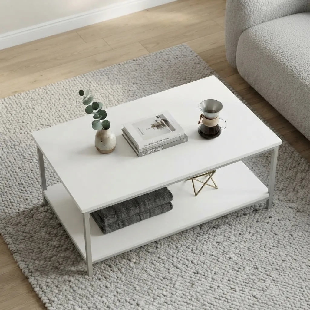 White rectangular two-tier coffee table with open display storage shelf