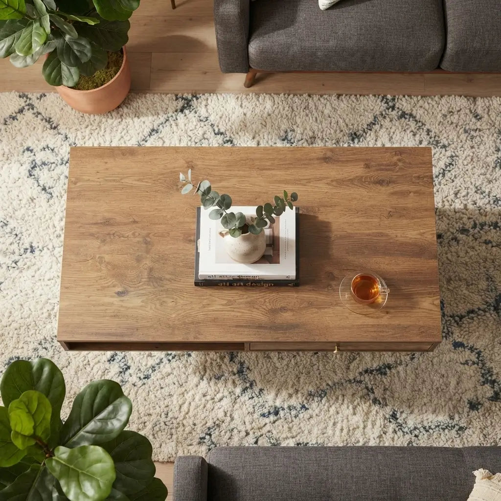 Modern walnut coffee table showing open display storage shelf and open drawer