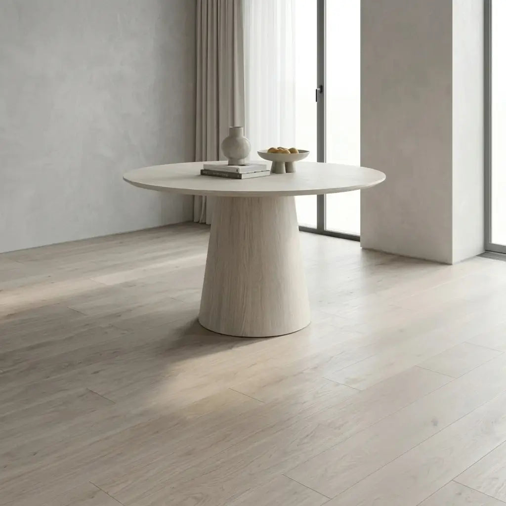 7-Piece Modern Dining Set displayed with rich wood-finish top details and padded fabric chairs in an open-concept dining space