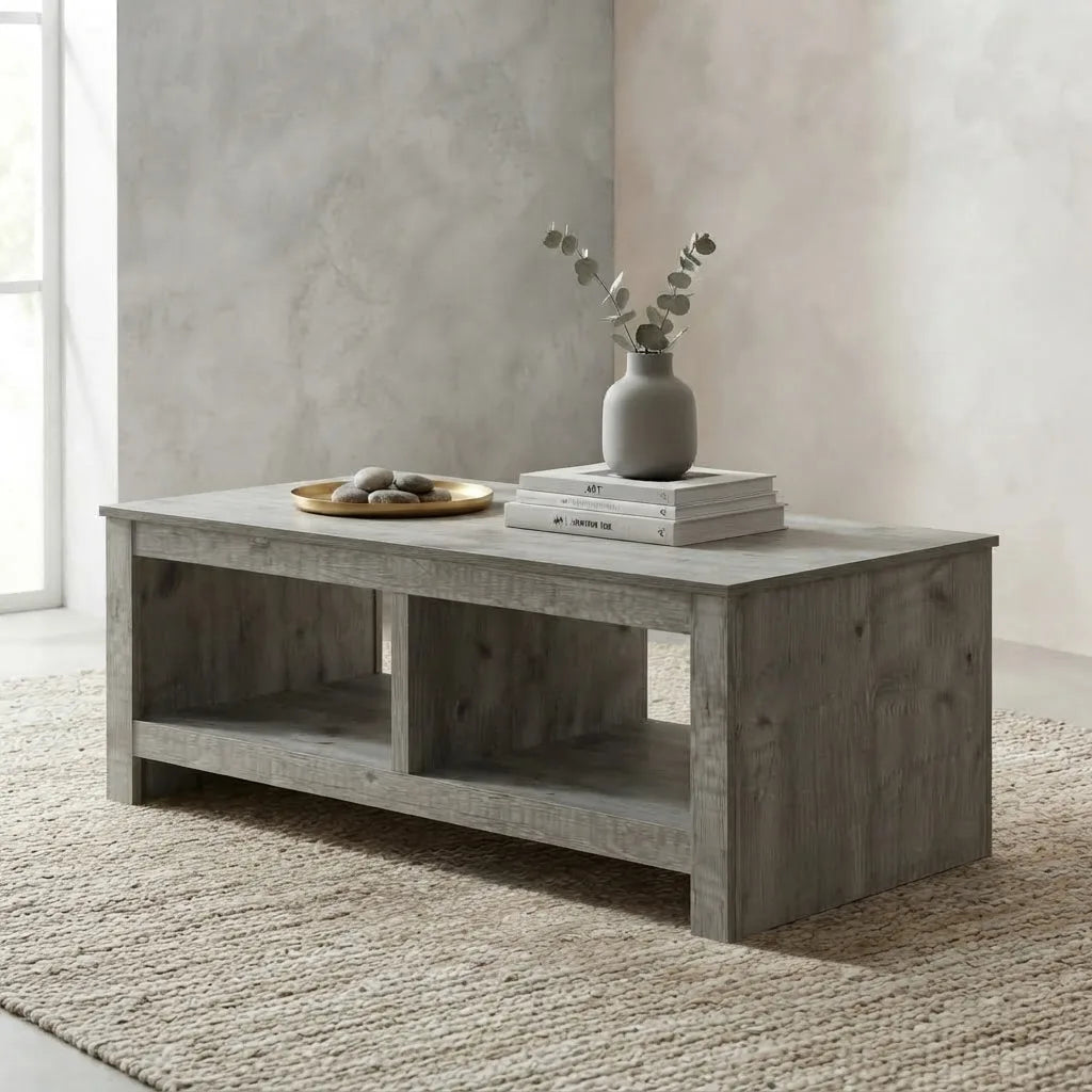 43 inch rustic grey reclaimed wood look coffee table with bottom storage shelf