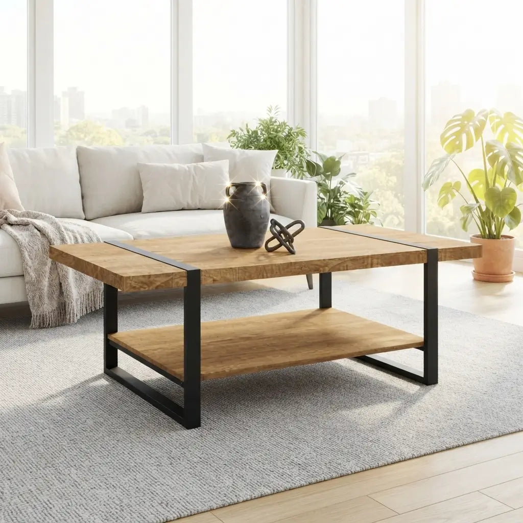 Natural oak two-tier coffee table styled next to light grey couch