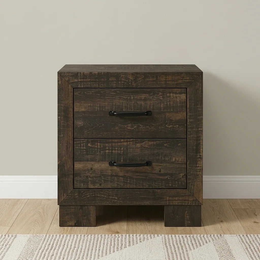 Rustic Oak 2-drawer nightstand with black metal handles matching the I-5270 bed set