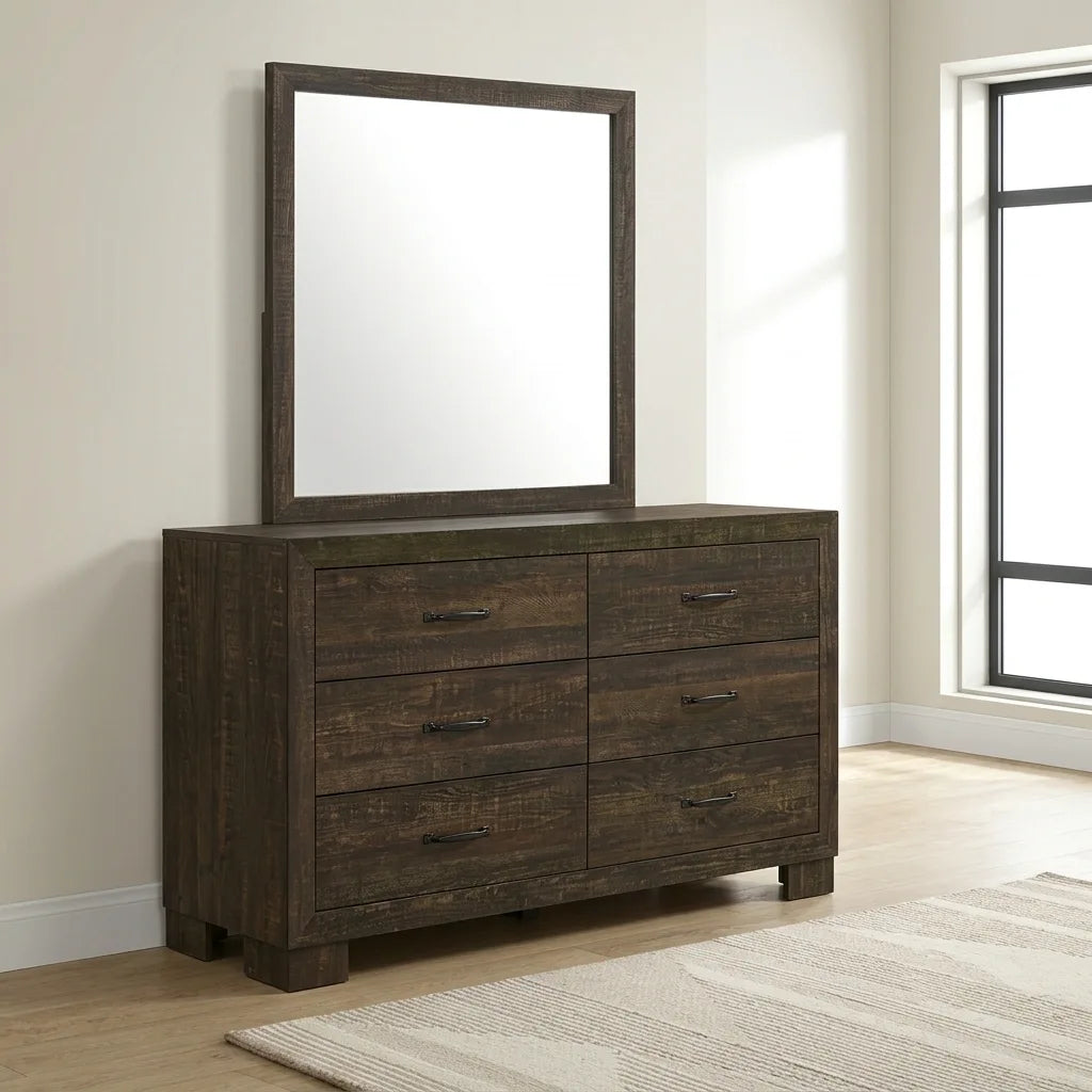 Rustic Oak 6-drawer double dresser with matching wood-framed mirror