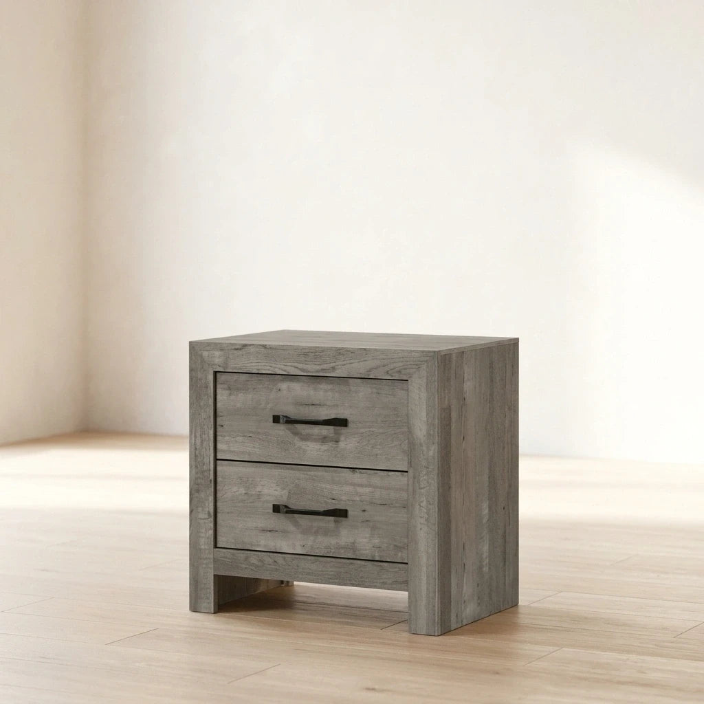 Modern driftwood gray 2-drawer nightstand with dark metal pulls and spacious top surface