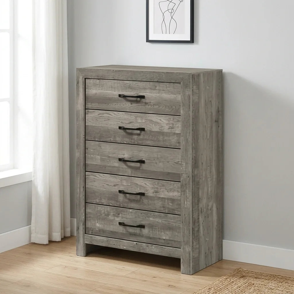 Modern driftwood gray 5-drawer vertical tall chest with sleek black handles