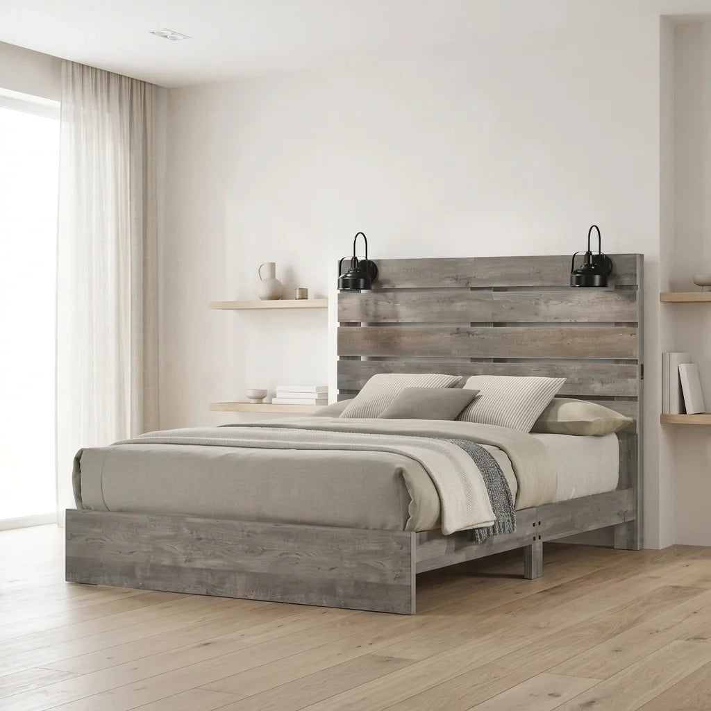 Modern farmhouse driftwood gray shiplap slat bed with LED headboard lights in full MI-CHAR bedroom set
