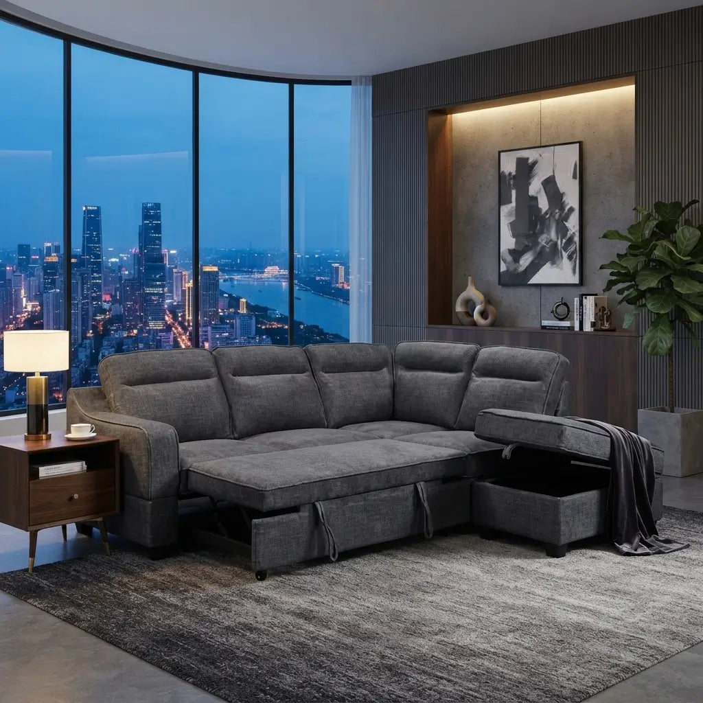 Modern tufted sofa bed featuring a grey sectional sofa with a right-hand chaise and storage ottoman in a contemporary living room