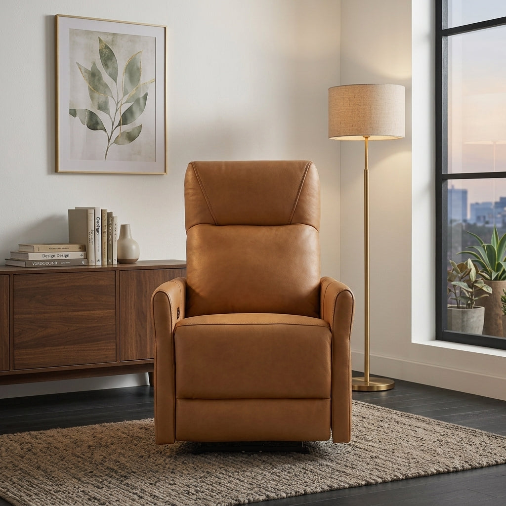Caramel brown leather reclining armchair styled with side table and wall art