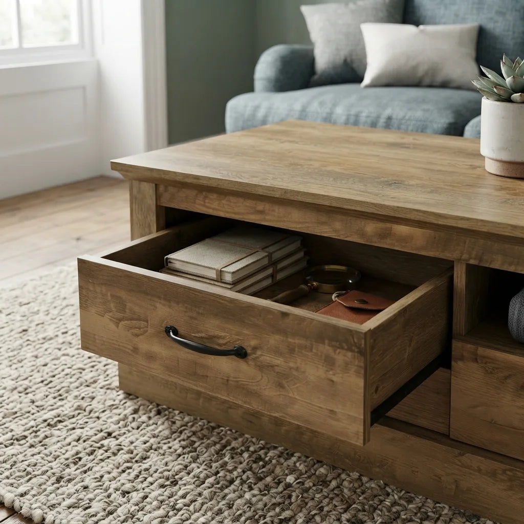 Dark brown transitional coffee table featuring two spacious storage drawers with black metal handles