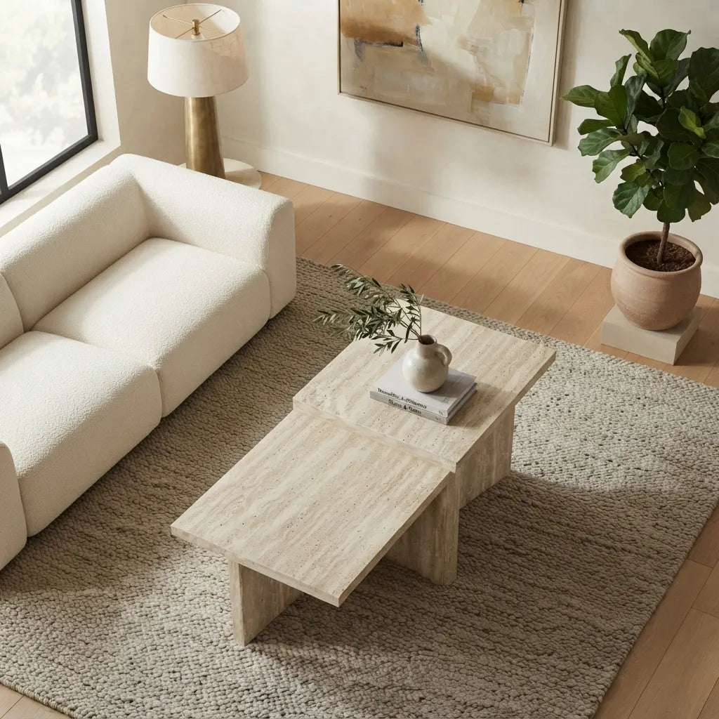 Light beige travertine stone look laminate texture and thick block leg construction