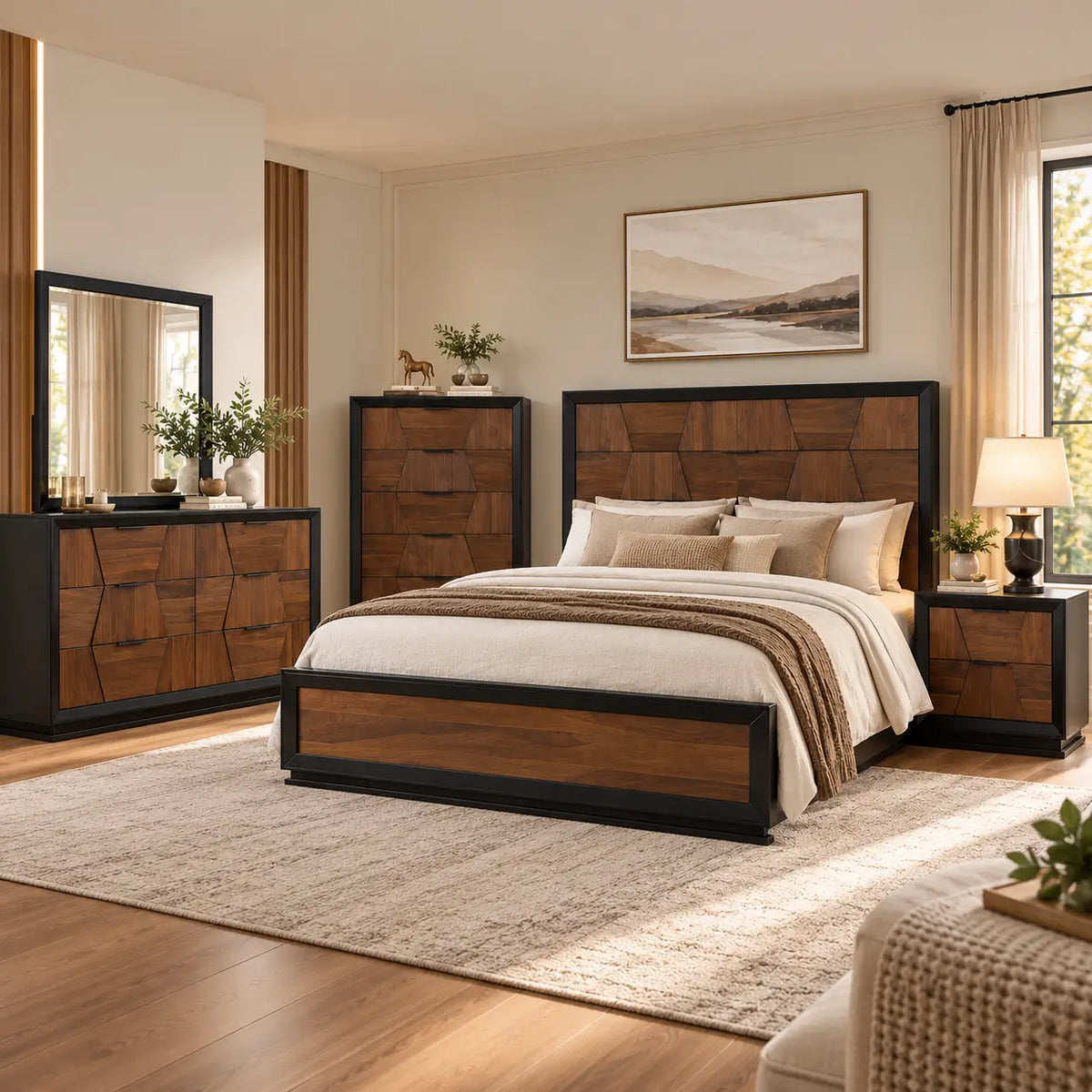 Modern rustic walnut wood bedroom set featuring geometric block-patterned drawers and espresso framing