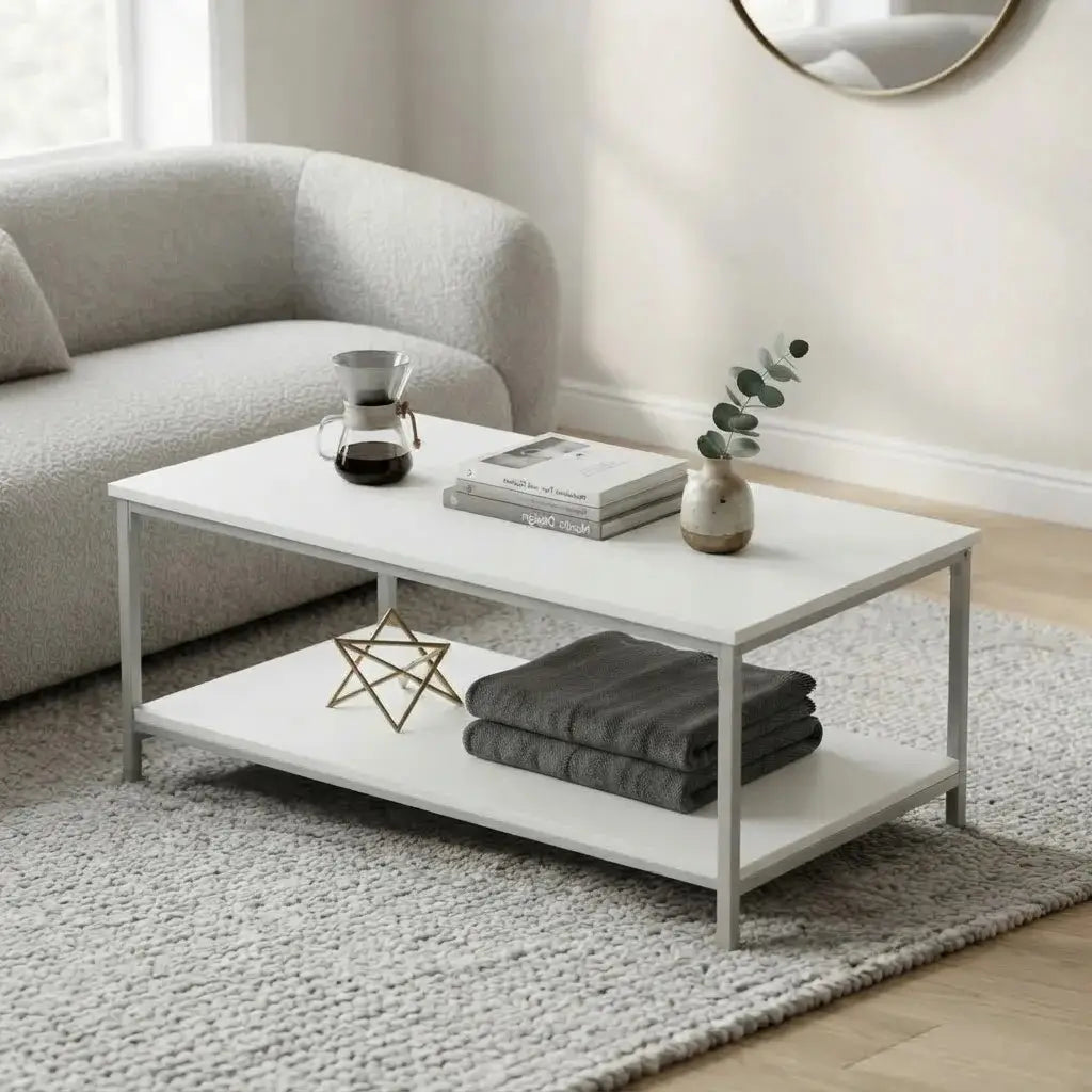 40 inch white two-tier laminate coffee table with silver metal frame